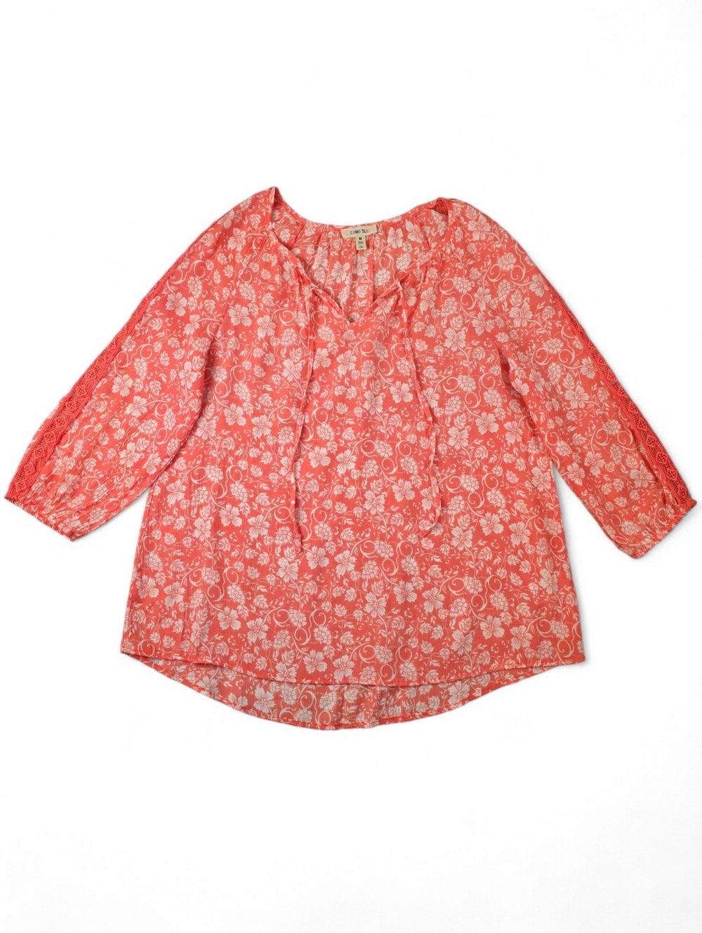 Como Blu Floral Boho Peasant Tunic Blouse Coral White Lace Sleeve Top M Coastal